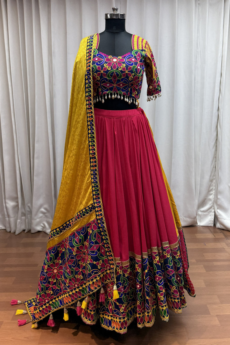 Multicolor Viscose Cotton Garba Chaniya Choli For Navratri Indian Festival 9 Meter Flair - Thread Embroidery Work, Real Mirror Work