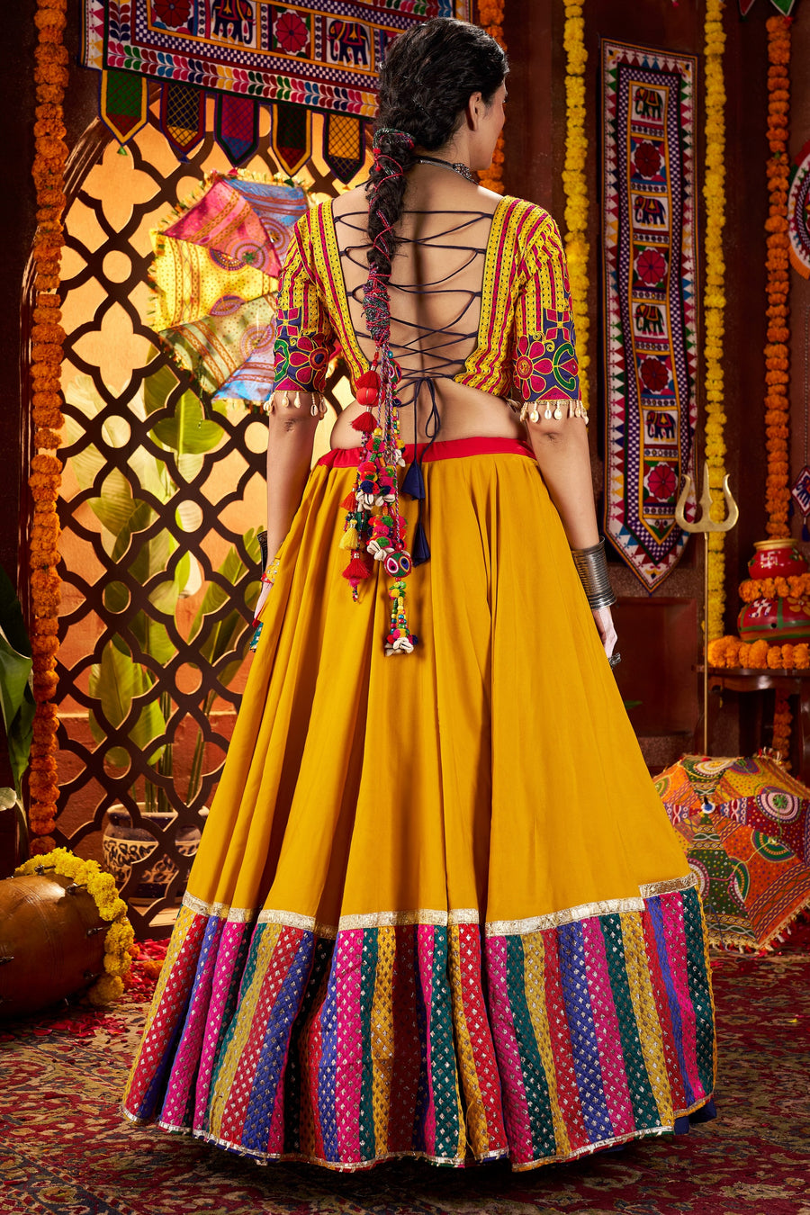 Multicolor Viscose Cotton Garba Chaniya Choli For Navratri Indian Festival 9 Meter Flair - Thread Embroidery Work, Real Mirror Work