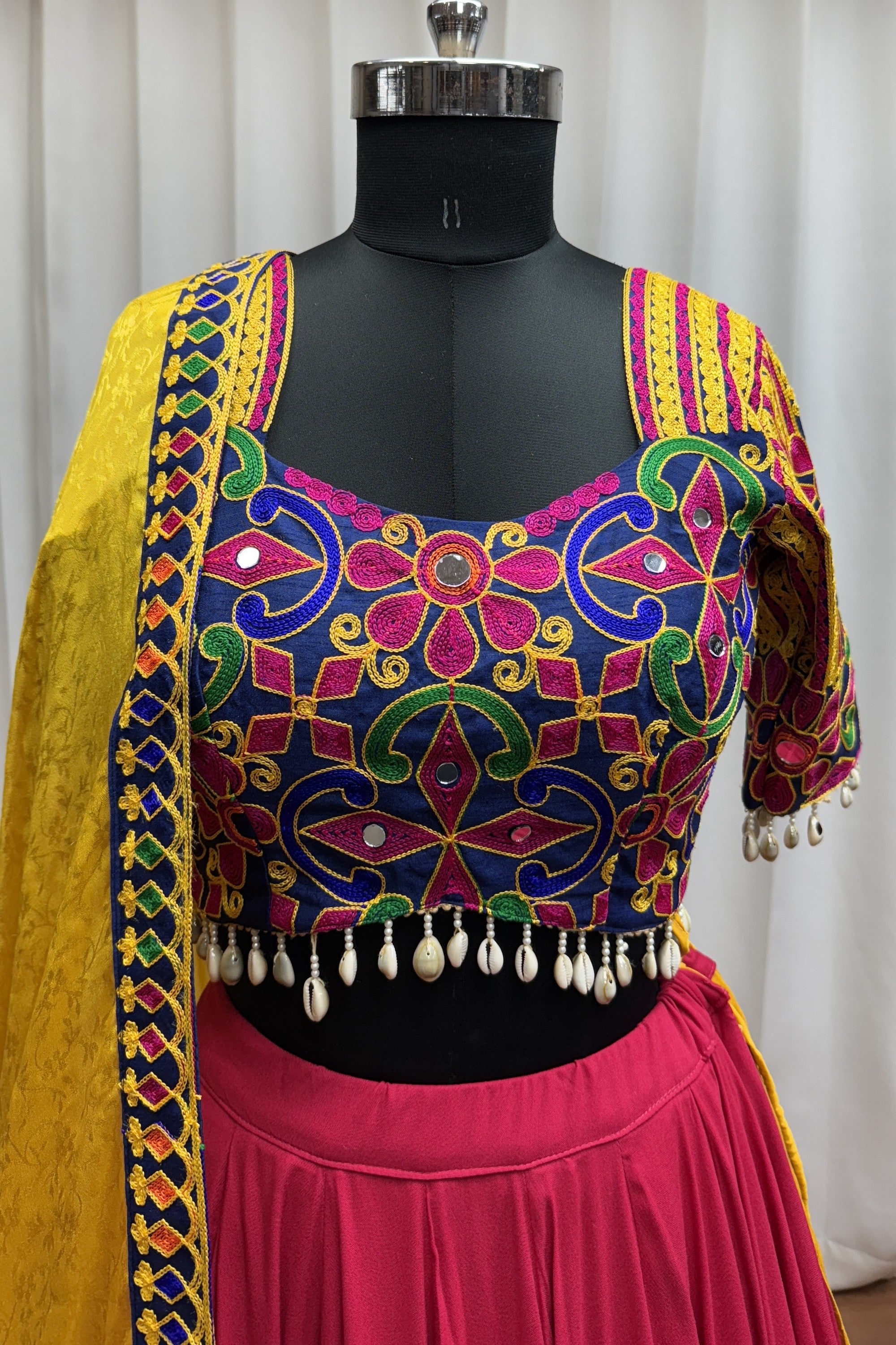 Multicolor Viscose Cotton Garba Chaniya Choli For Navratri Indian Festival 9 Meter Flair - Thread Embroidery Work, Real Mirror Work