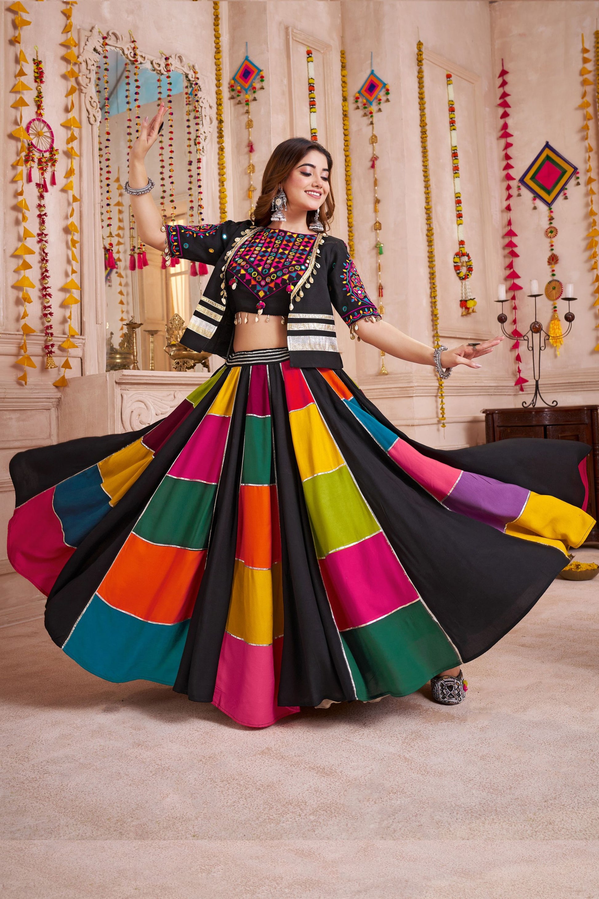 Multicolor Meter Flair Garba Navratri Chaniya Choli with Jacket