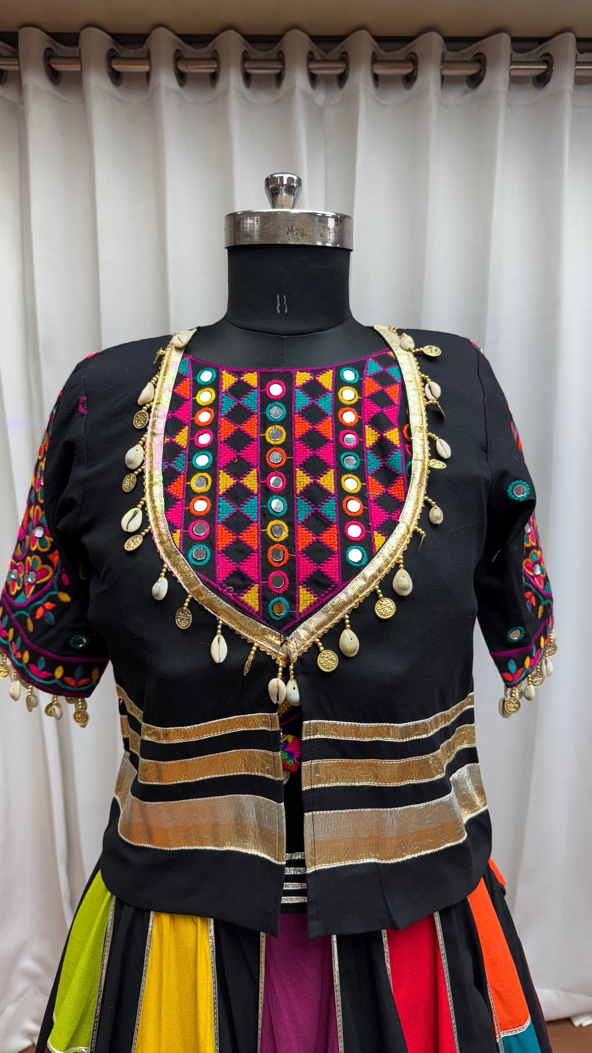 Multicolor Viscose Cotton Indian Navaratri Garba Chaniya Choli with Jacket 9 Meter Flair - Real Mirror Work, Kutchi Patch Work