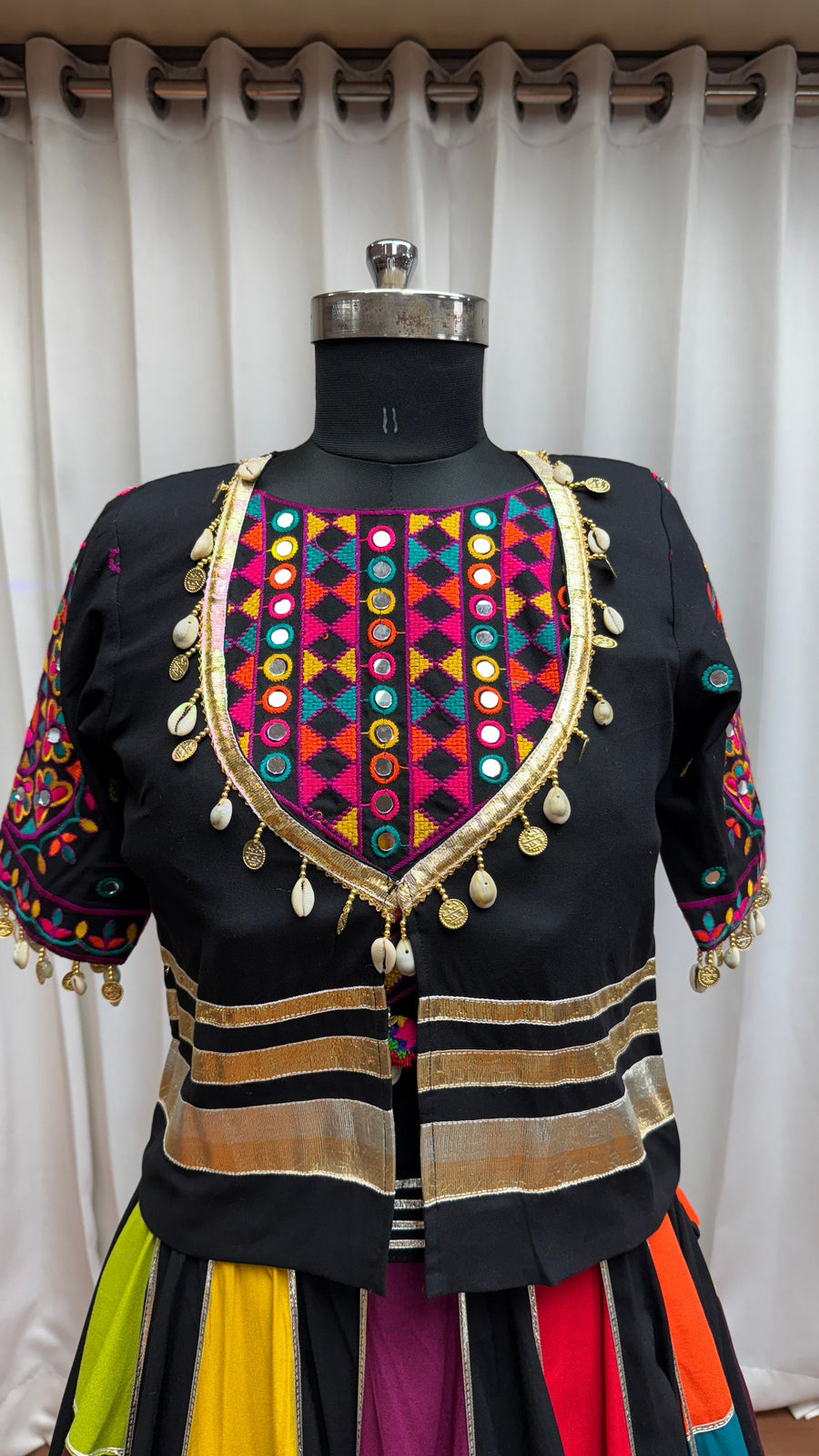 Multicolor Viscose Cotton Indian Navaratri Garba Chaniya Choli with Jacket 9 Meter Flair - Real Mirror Work, Kutchi Patch Work