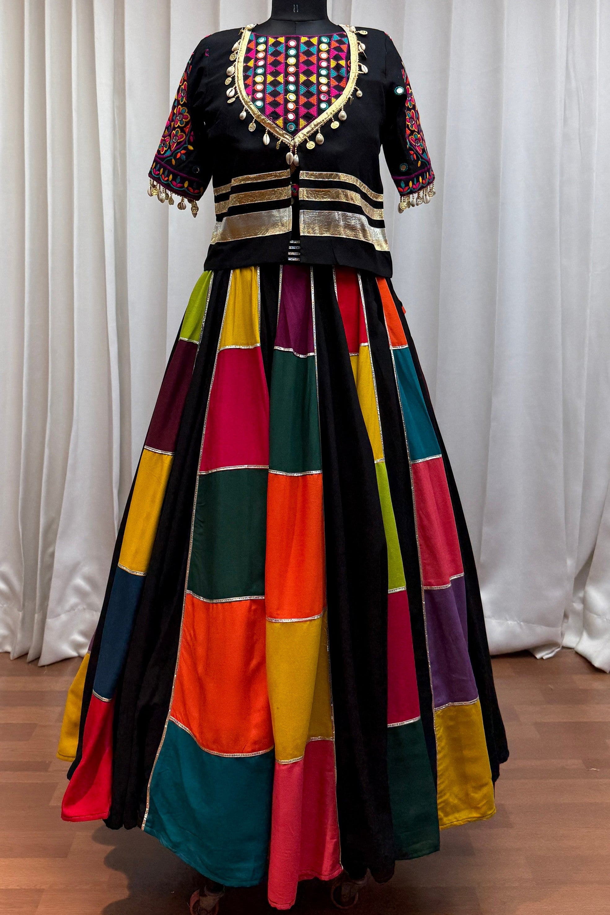 Multicolor Viscose Cotton Indian Navaratri Garba Chaniya Choli with Jacket 9 Meter Flair - Real Mirror Work, Kutchi Patch Work