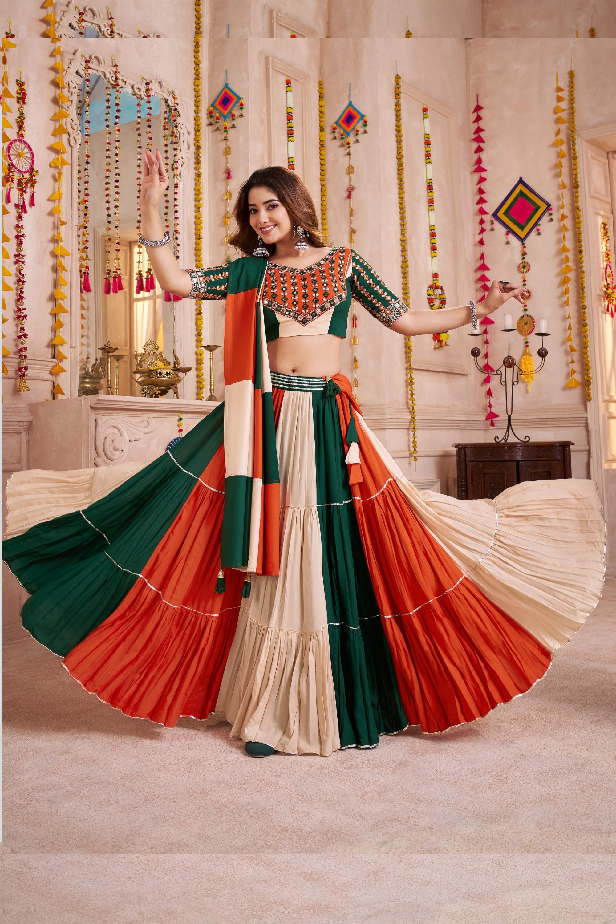 Multicolor Viscose Cotton Navaratri Festival Garba Chaniya Choli For Indian 10 Meter Flair - Real Mirror Work, Kutchi Patch Work