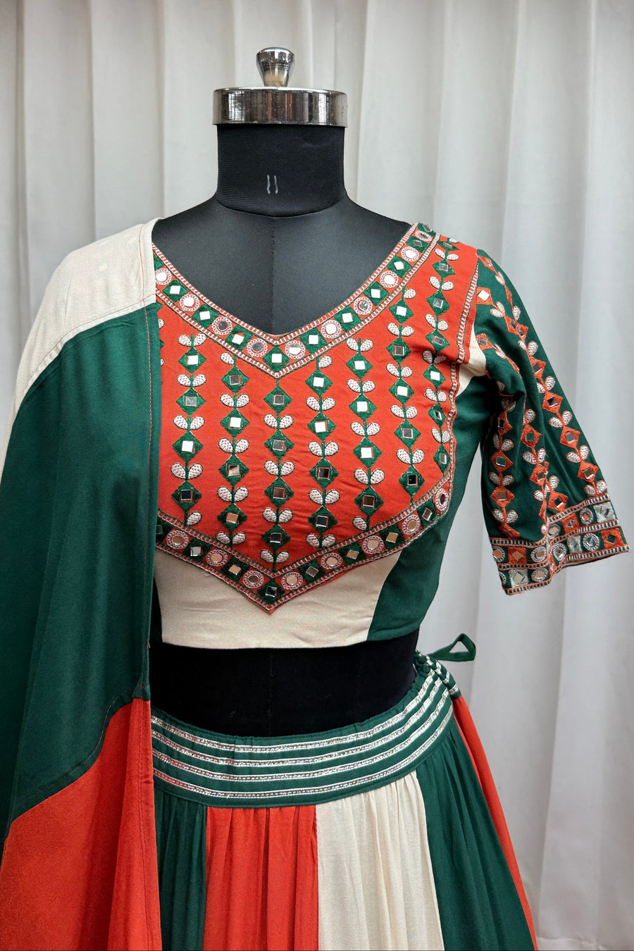 Multicolor Viscose Cotton Navaratri Festival Garba Chaniya Choli For Indian 10 Meter Flair - Real Mirror Work, Kutchi Patch Work