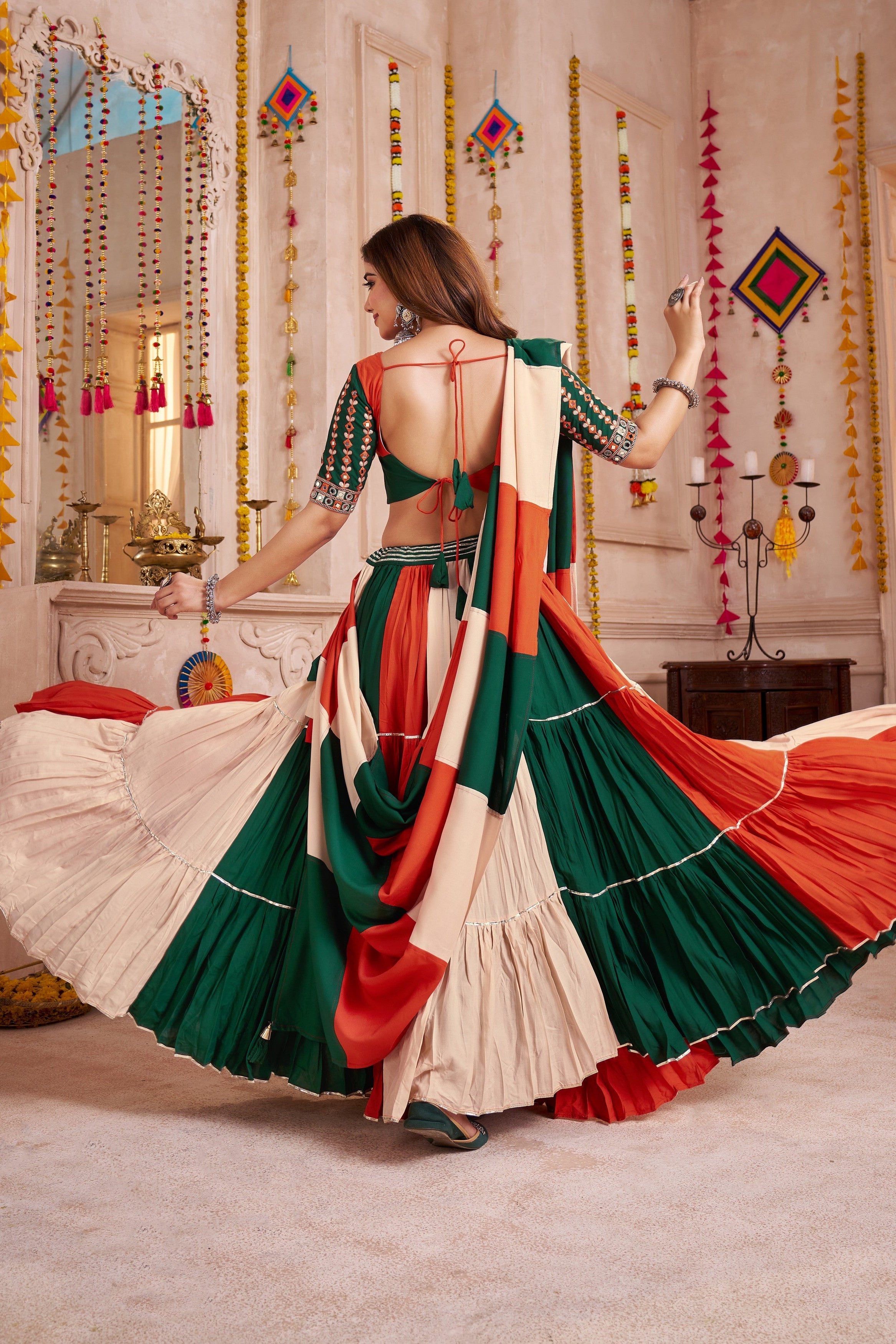 Multicolor Viscose Cotton Navaratri Festival Garba Chaniya Choli For Indian 10 Meter Flair - Real Mirror Work, Kutchi Patch Work