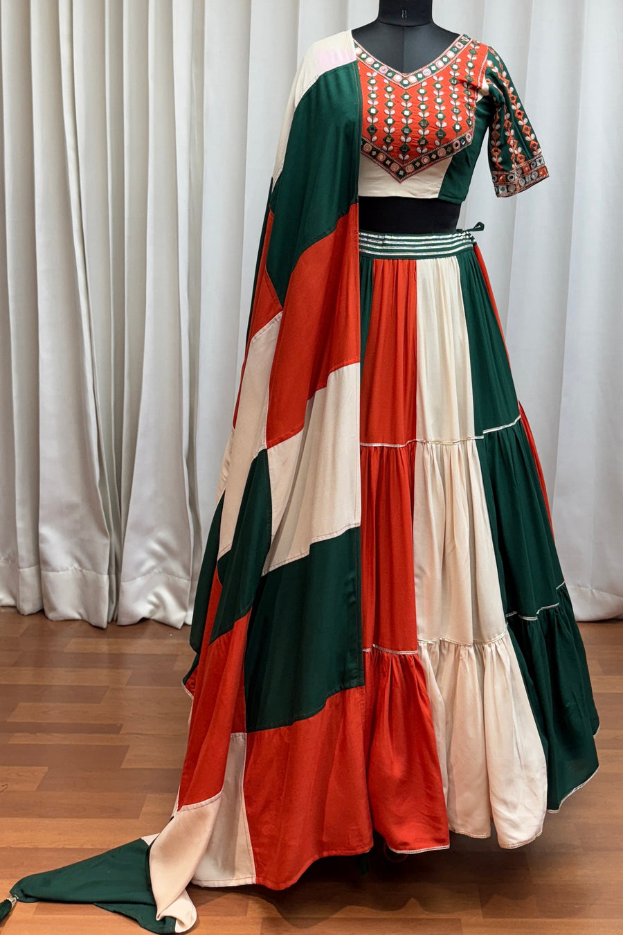 Multicolor Viscose Cotton Navaratri Festival Garba Chaniya Choli For Indian 10 Meter Flair - Real Mirror Work, Kutchi Patch Work