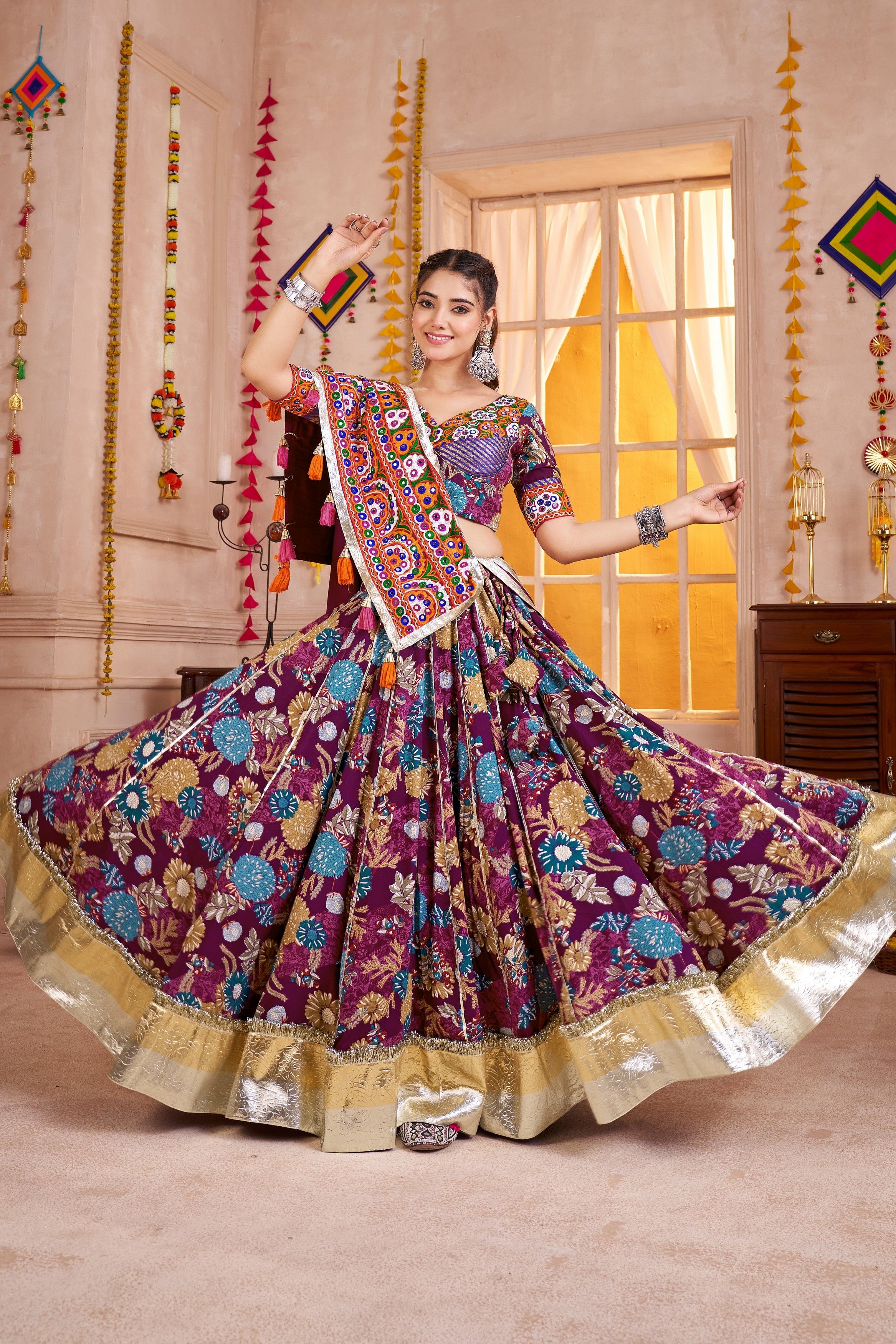 Multicolor Viscose Cotton Navratri Chaniya Choli For Garba Indian Festival 9 Meter Flair - Print Work, Thread Embroidery Work, Kutchi Patch Work, Real Mirror Work