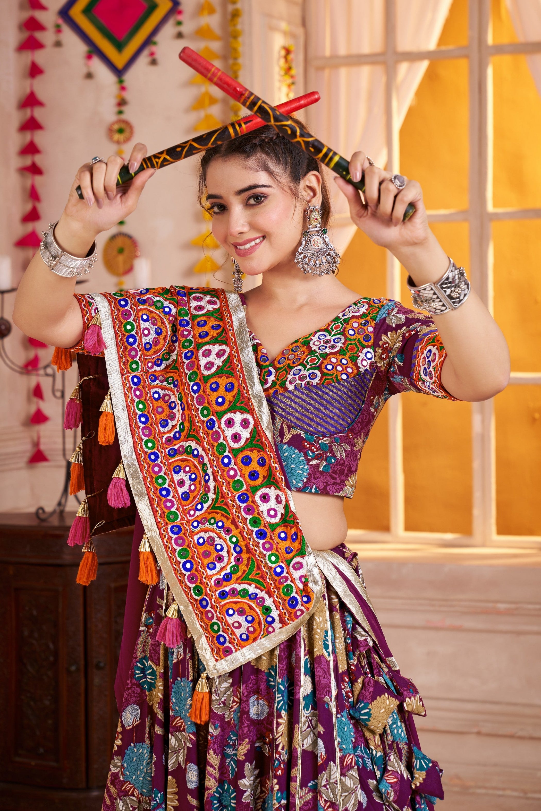 Multicolor Viscose Cotton Navratri Chaniya Choli For Garba Indian Festival 9 Meter Flair - Print Work, Thread Embroidery Work, Kutchi Patch Work, Real Mirror Work