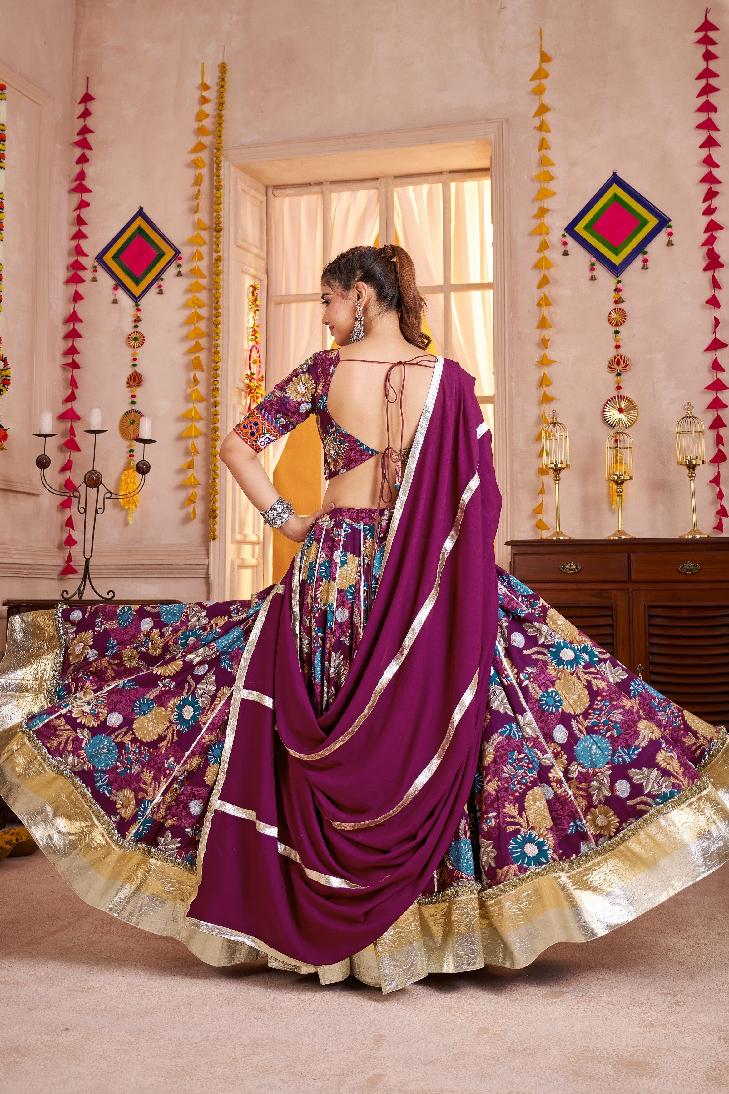 Multicolor Viscose Cotton Navratri Chaniya Choli For Garba Indian Festival 9 Meter Flair - Print Work, Thread Embroidery Work, Kutchi Patch Work, Real Mirror Work