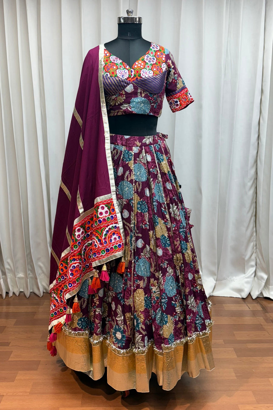 Multicolor Viscose Cotton Navratri Chaniya Choli For Garba Indian Festival 9 Meter Flair - Print Work, Thread Embroidery Work, Kutchi Patch Work, Real Mirror Work