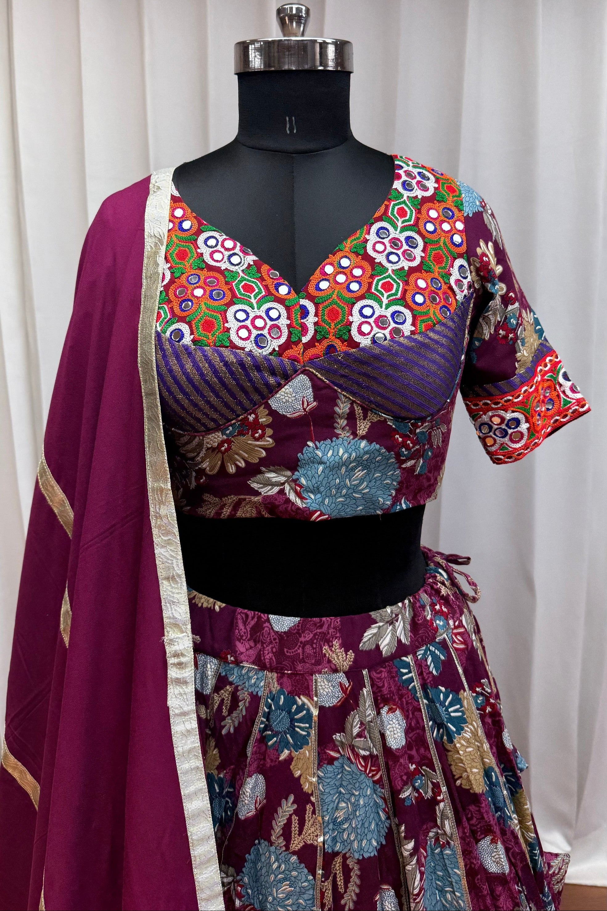 Multicolor Viscose Cotton Navratri Chaniya Choli For Garba Indian Festival 9 Meter Flair - Print Work, Thread Embroidery Work, Kutchi Patch Work, Real Mirror Work