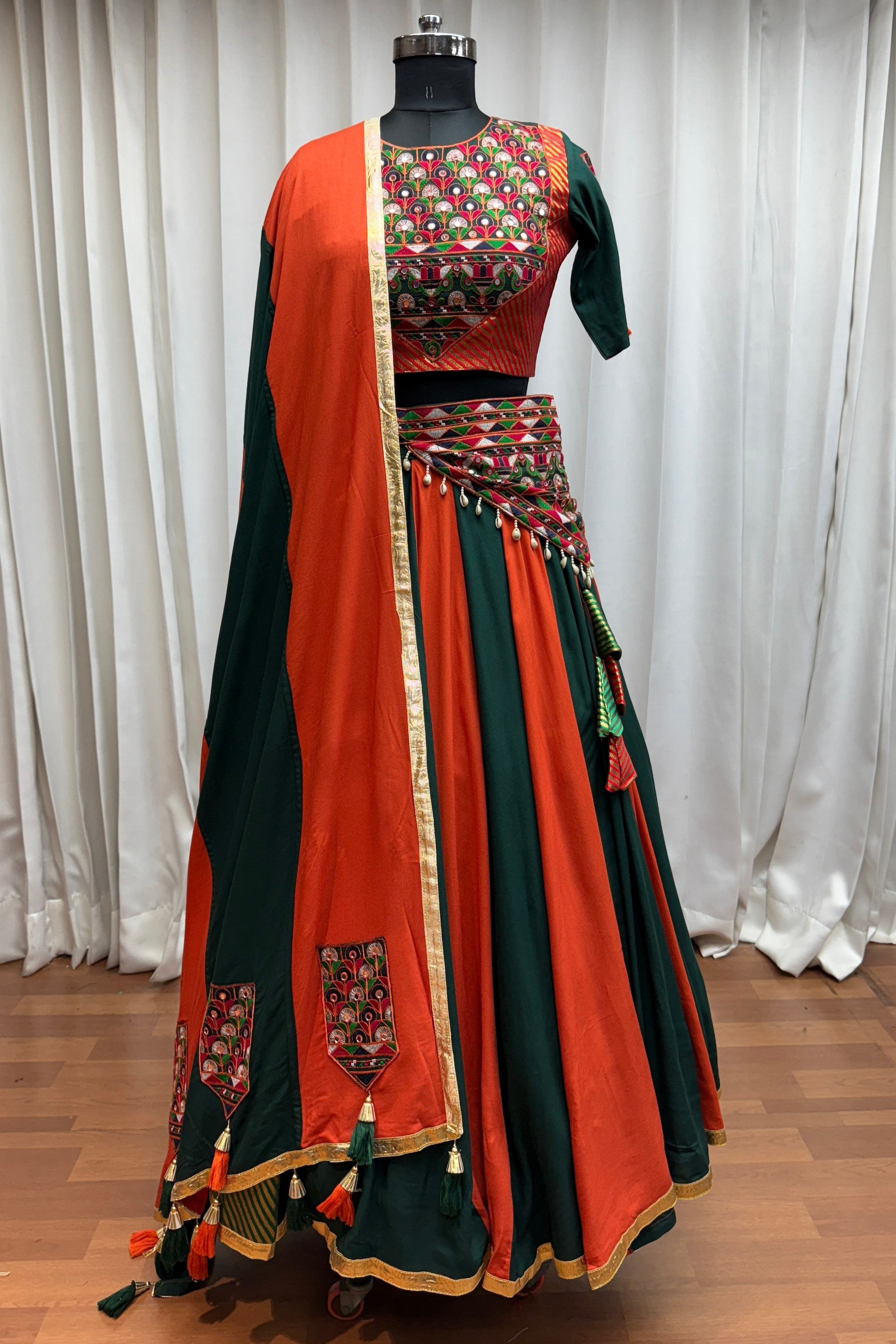 Multicolor Viscose Cotton Navratri Festivals Chaniya Choli For Indian Garba 9 Meter Flair - Thread Embroidery Work, Real Mirror Work, Kutchi Patch Work