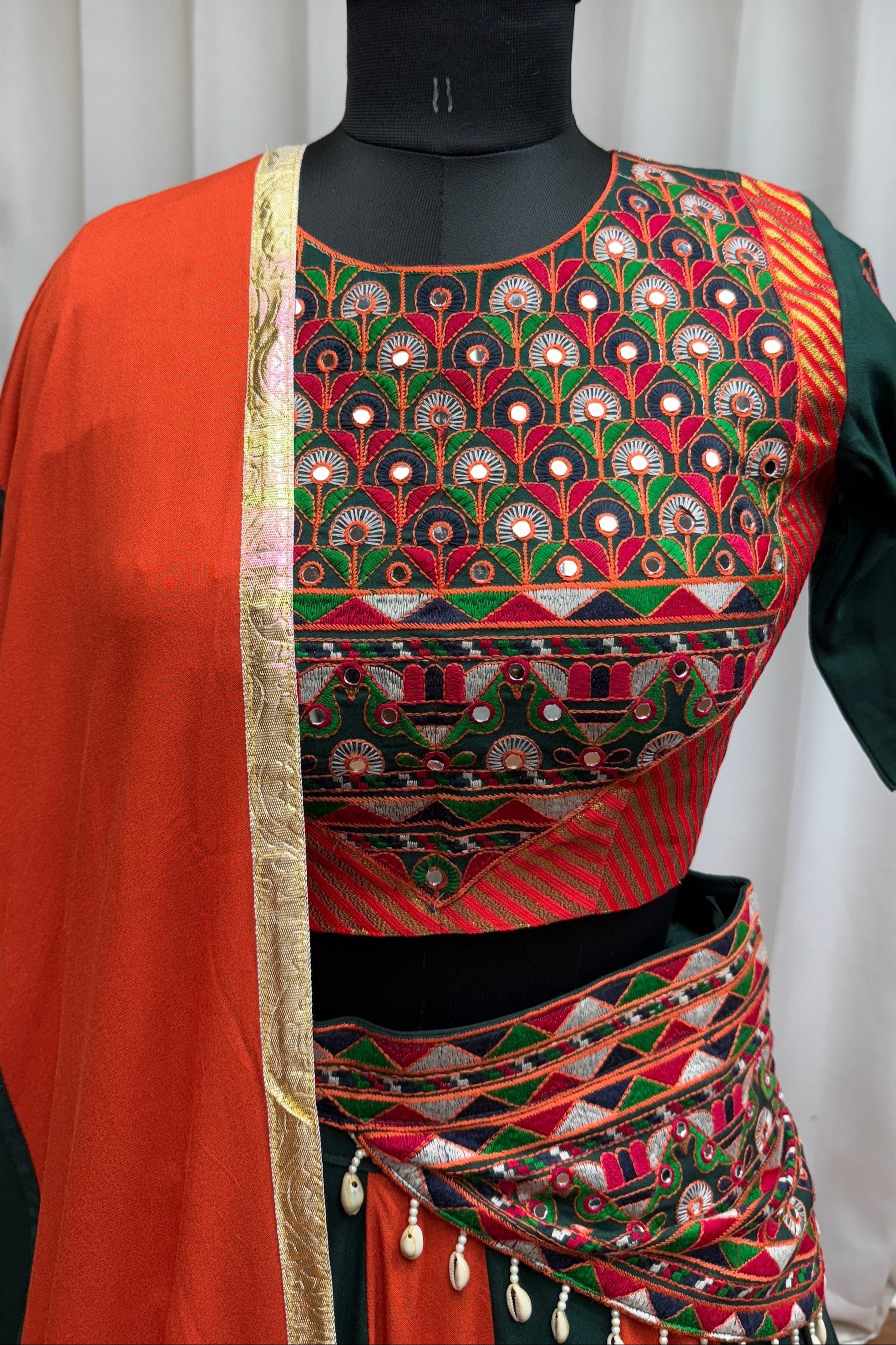 Multicolor Viscose Cotton Navratri Festivals Chaniya Choli For Indian Garba 9 Meter Flair - Thread Embroidery Work, Real Mirror Work, Kutchi Patch Work