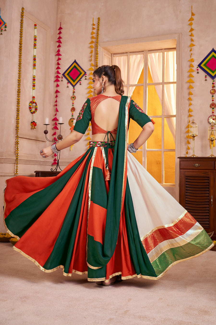 Multicolor Viscose Cotton Navratri Festivals Chaniya Choli For Indian Garba 9 Meter Flair - Thread Embroidery Work, Real Mirror Work, Kutchi Patch Work