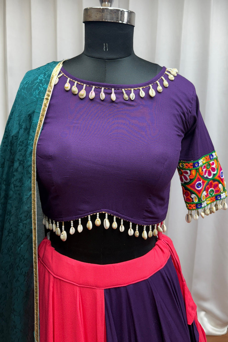 Multicolor Viscose Navratri Cotton Chaniya Choli For Garba Indian Festivals 9 Meter Flair - Kutchi Patch Work, Thread Embroidery Work, Real Mirror Work