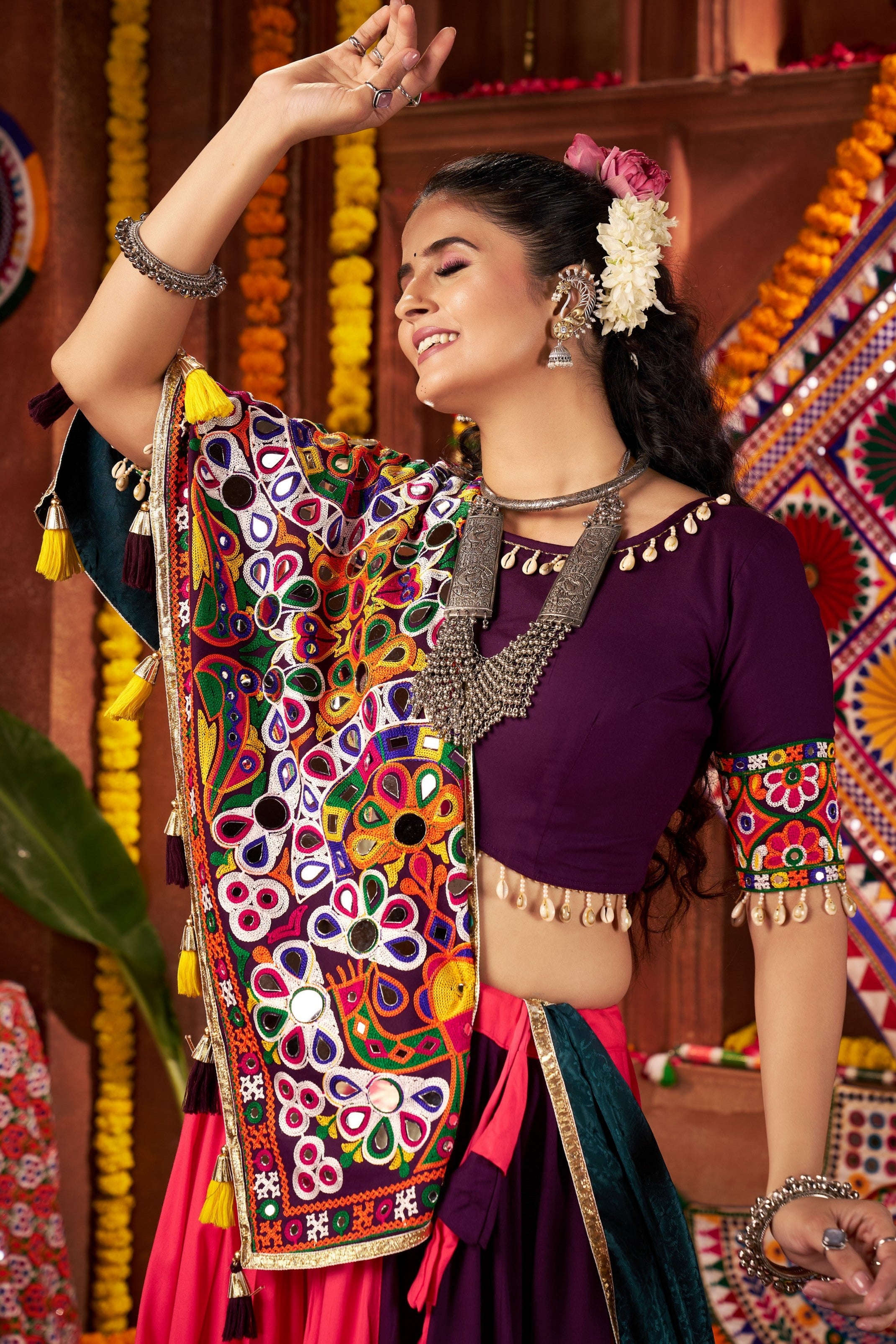 Multicolor Viscose Navratri Cotton Chaniya Choli For Garba Indian Festivals 9 Meter Flair - Kutchi Patch Work, Thread Embroidery Work, Real Mirror Work