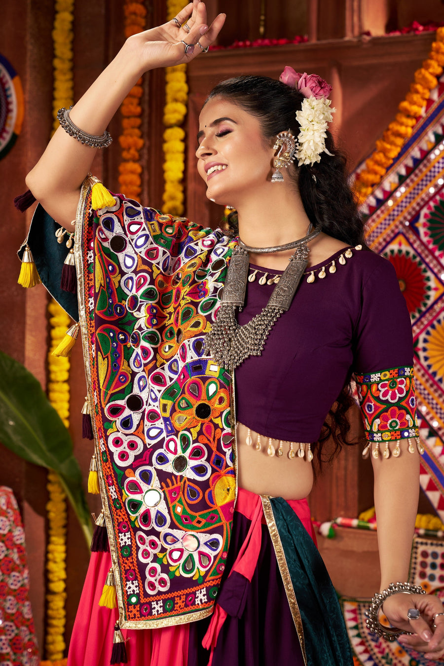 Multicolor Viscose Navratri Cotton Chaniya Choli For Garba Indian Festivals 9 Meter Flair - Kutchi Patch Work, Thread Embroidery Work, Real Mirror Work