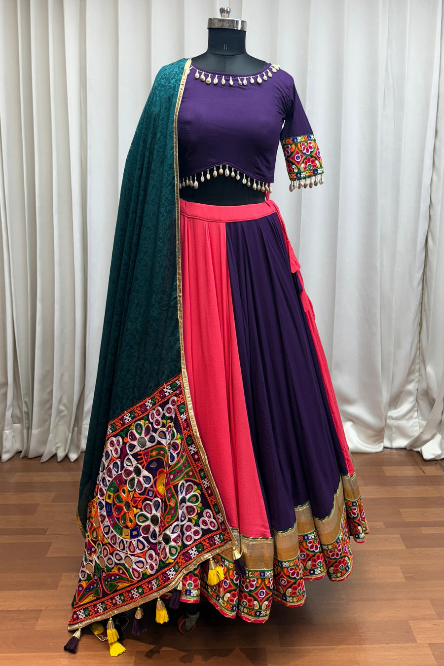 Multicolor Viscose Navratri Cotton Chaniya Choli For Garba Indian Festivals 9 Meter Flair - Kutchi Patch Work, Thread Embroidery Work, Real Mirror Work