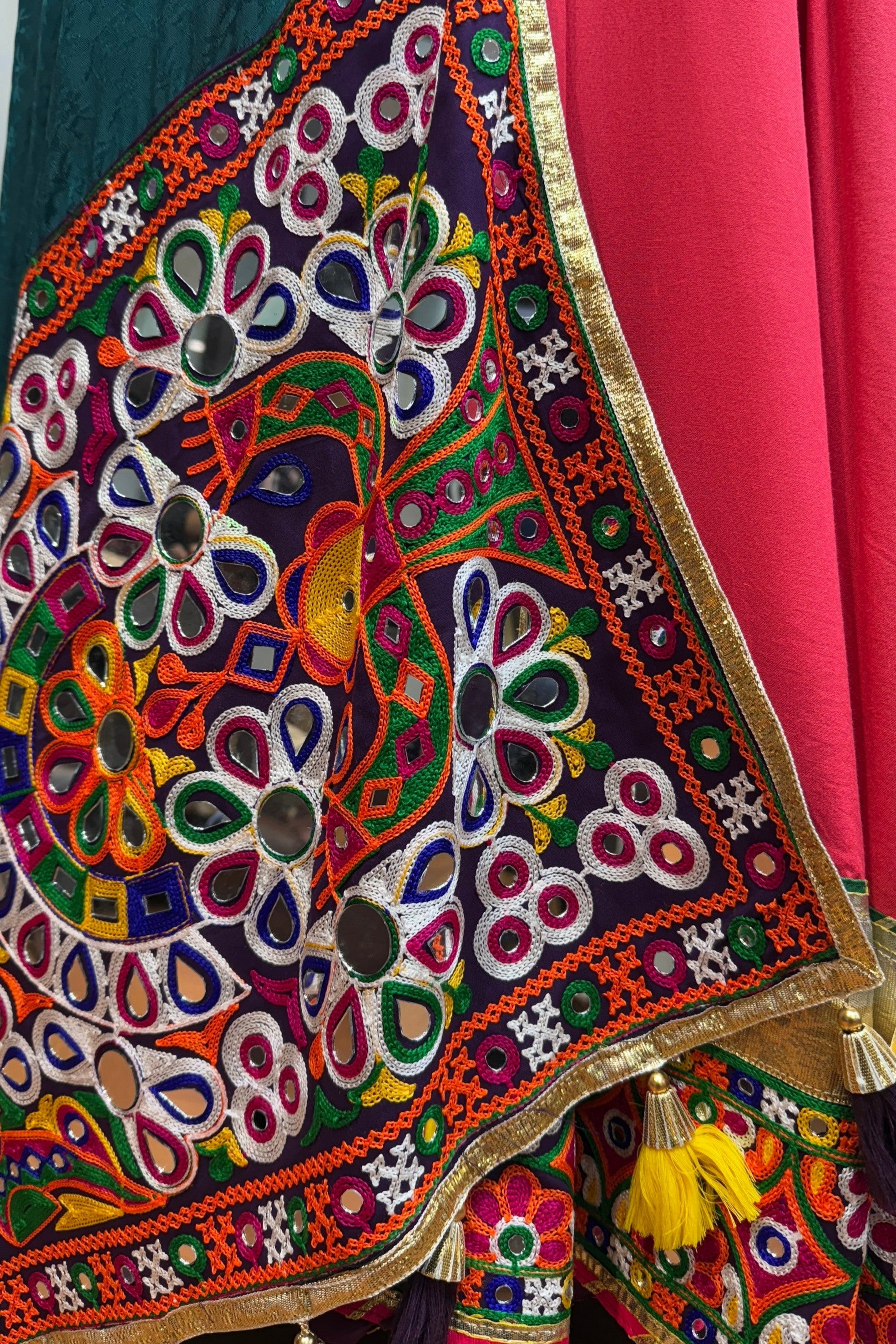 Multicolor Viscose Navratri Cotton Chaniya Choli For Garba Indian Festivals 9 Meter Flair - Kutchi Patch Work, Thread Embroidery Work, Real Mirror Work