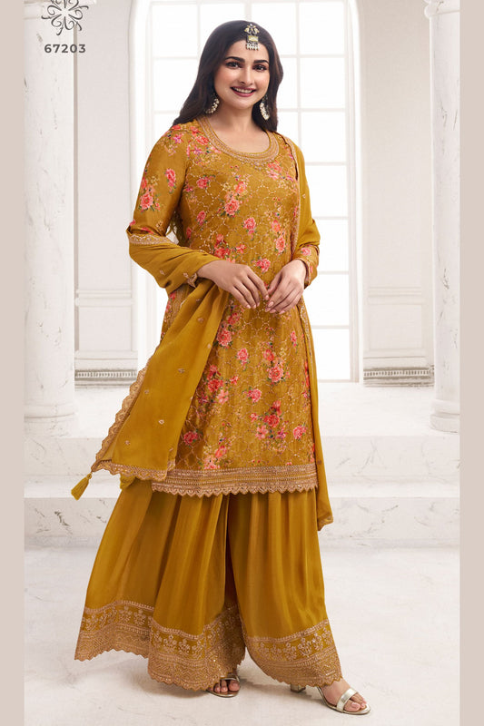 Mustard Chinon Silk Floral Plazo Suit For Indian Festivals & Pakistani Weddings Dress - Embroidery Work, Print Work