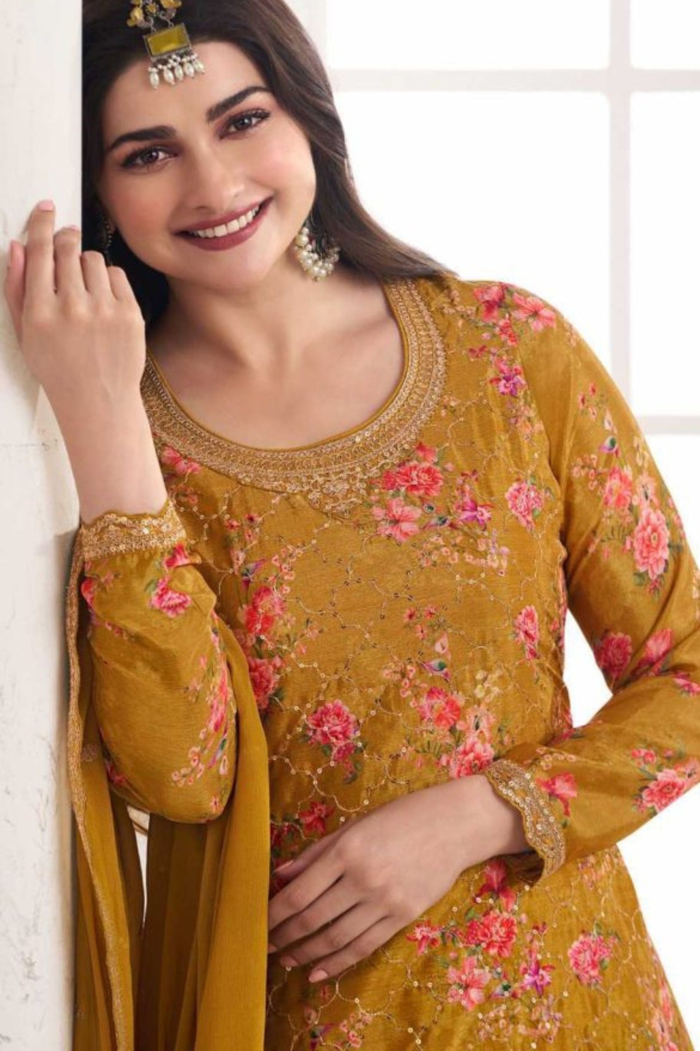 Mustard Chinon Silk Floral Plazo Suit For Indian Festivals & Pakistani Weddings Dress - Embroidery Work, Print Work