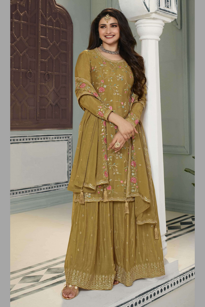 Mustard Chinon Silk Floral Plazo Suit For Indian Festivals & Pakistani Weddings Dress - Embroidery Work