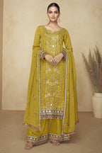 Mustard Chinon Silk Palazo Suit For Indian & Pakistani Wedding Festival - Sequins & Thread Embroidery Work