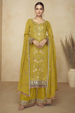 Mustard Chinon Silk Palazo Suit For Indian & Pakistani Wedding Festival - Sequins & Thread Embroidery Work