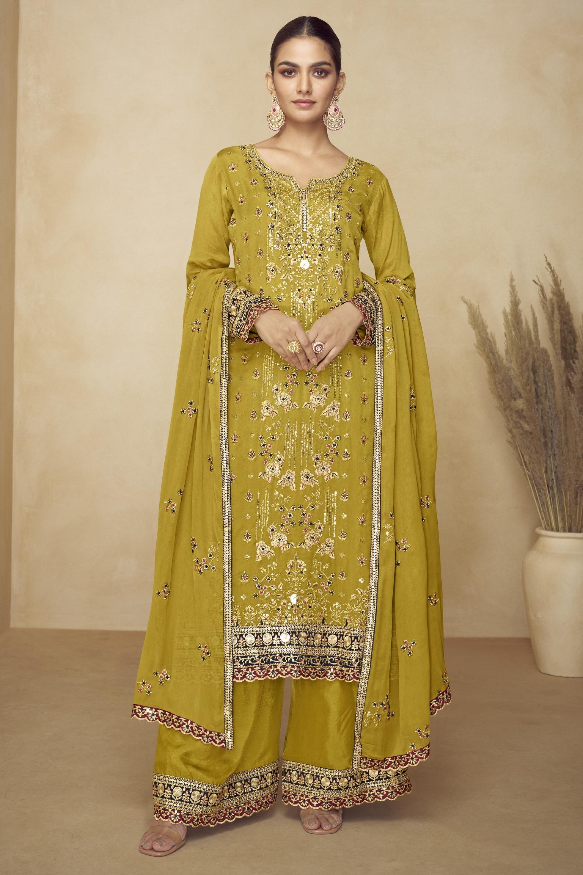 Mustard Chinon Silk Palazo Suit For Indian & Pakistani Wedding Festival - Sequins & Thread Embroidery Work