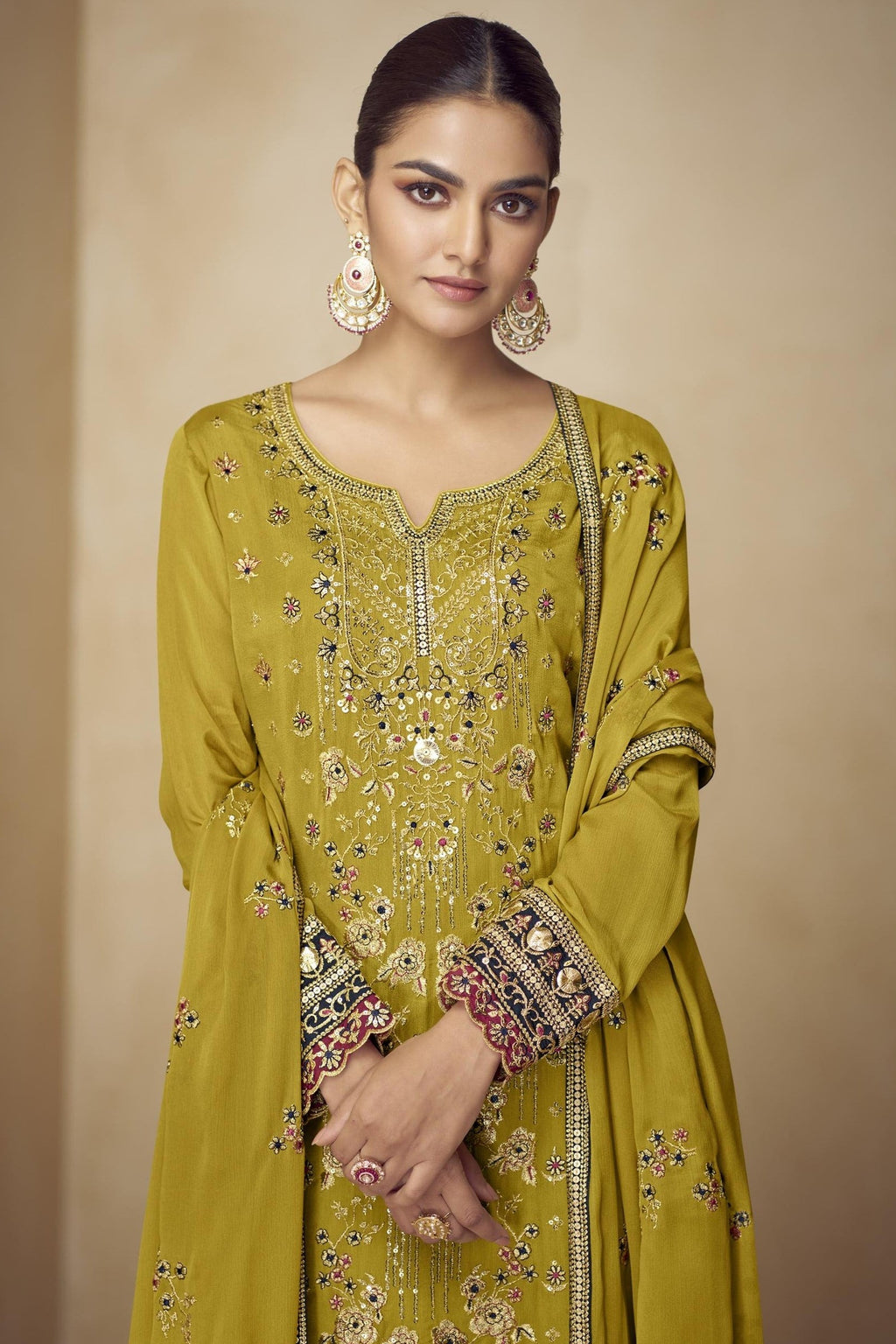 Mustard Chinon Silk Palazo Suit For Indian & Pakistani Wedding Festival - Sequins & Thread Embroidery Work