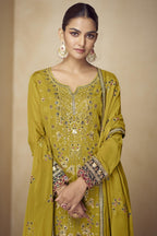 Mustard Chinon Silk Palazo Suit For Indian & Pakistani Wedding Festival - Sequins & Thread Embroidery Work
