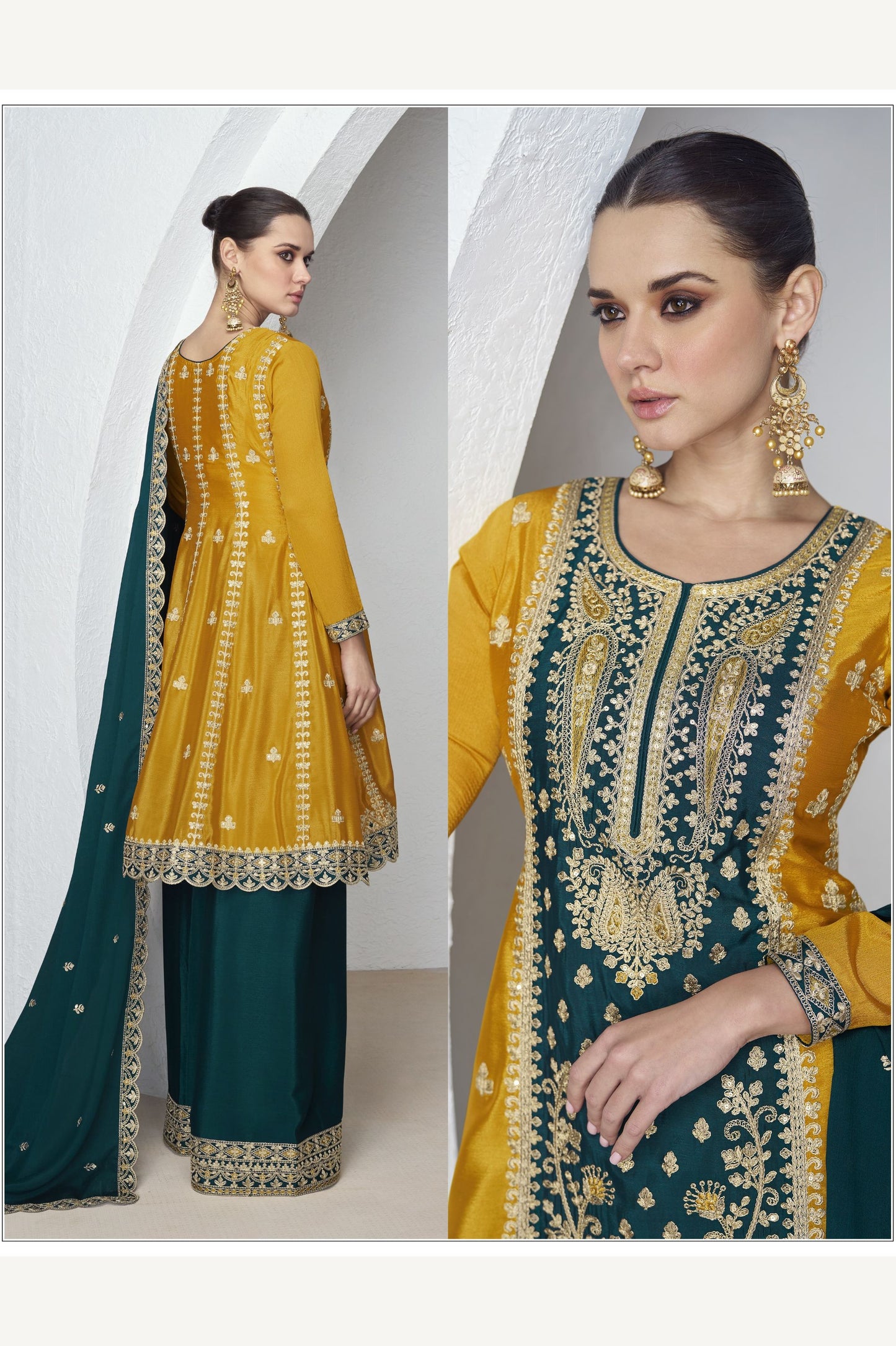 Mustard Chinon Silk Palazzo Suit For Indian Wedding & Pakitani Festival - Embroidery Work