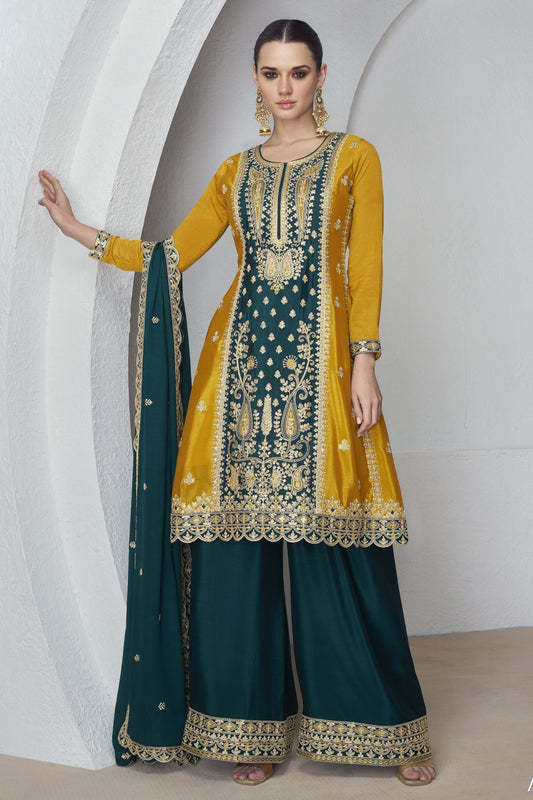 Mustard Chinon Silk Palazzo Suit For Indian Wedding & Pakitani Festival - Embroidery Work
