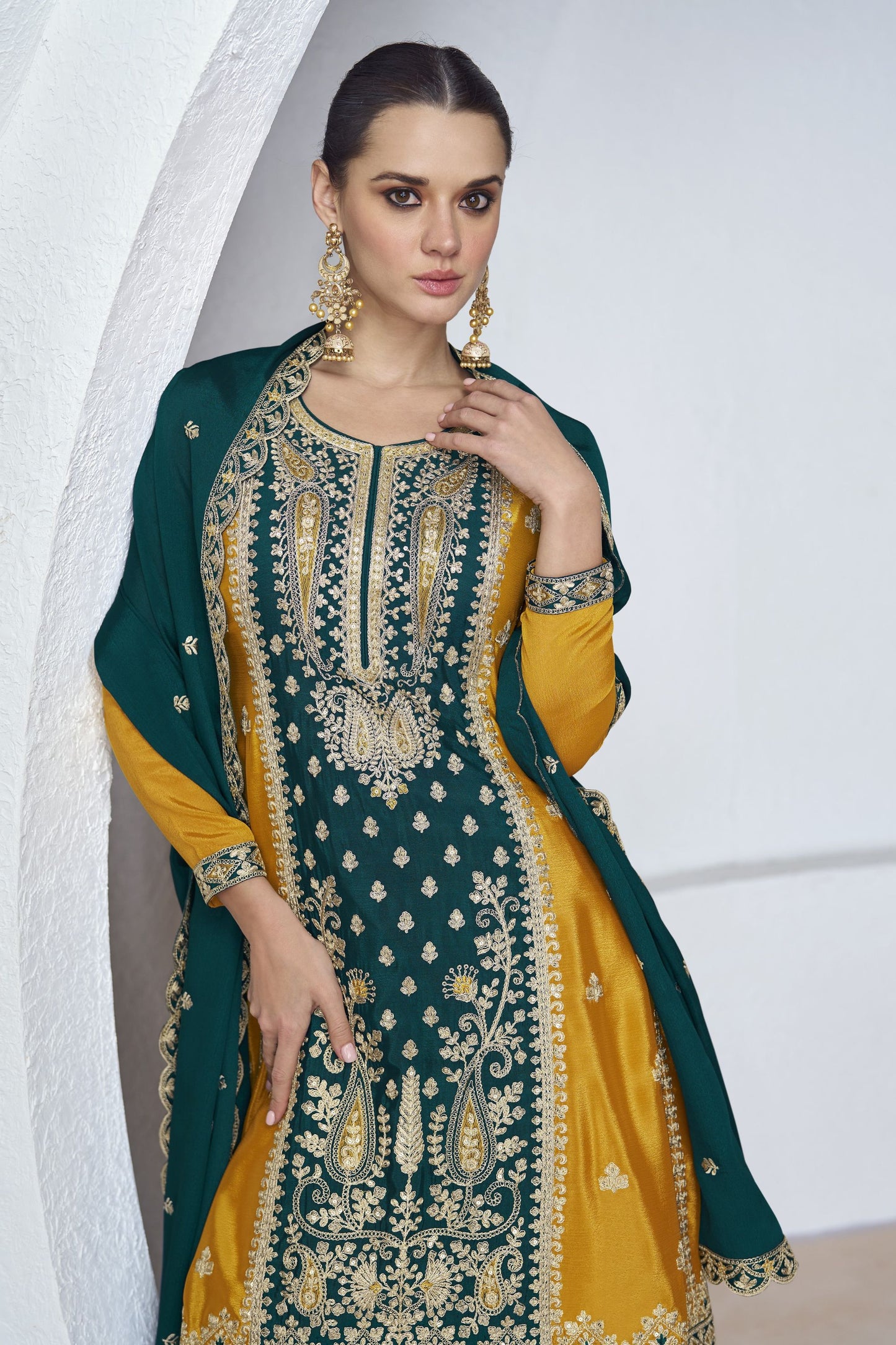 Mustard Chinon Silk Palazzo Suit For Indian Wedding & Pakitani Festival - Embroidery Work