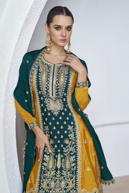 Mustard Chinon Silk Palazzo Suit For Indian Wedding & Pakitani Festival - Embroidery Work