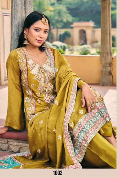 Mustard Chinon Silk Salwar Kameez with Pant Suit For Indian Festivals & Weddings - Embroidery Work