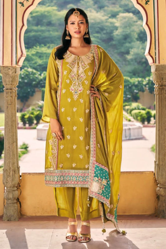 Mustard Chinon Silk Salwar Kameez with Pant Suit For Indian Festivals & Weddings - Embroidery Work