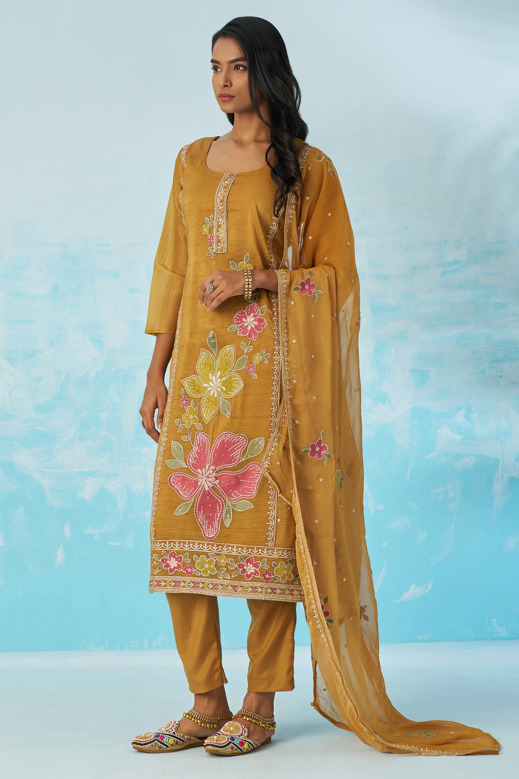 Mustard Crush Fabric Kameez With Pant For Indian & Pakistani Wedding Festival - Thread & Sequence Embroidery