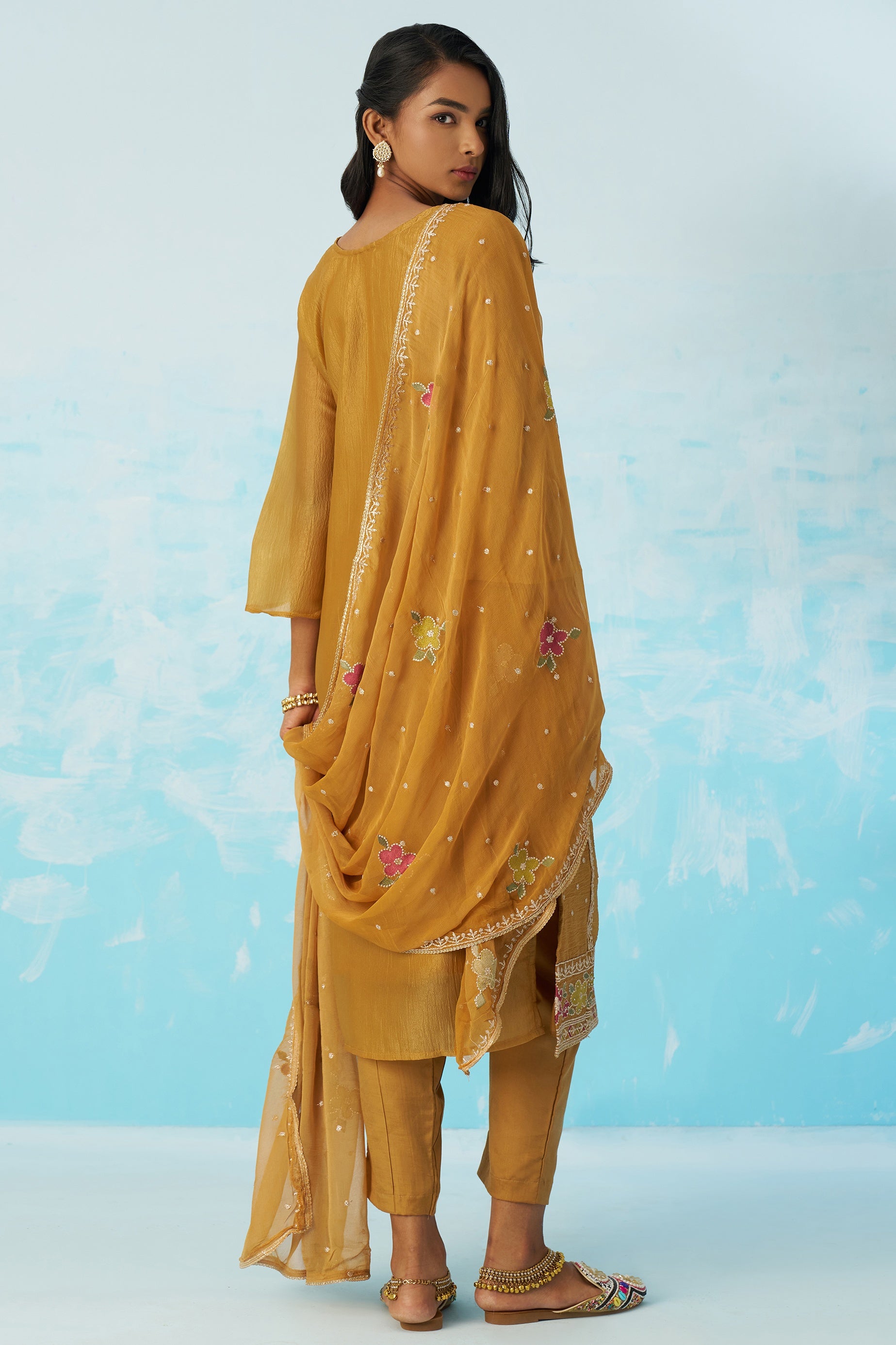 Mustard Crush Fabric Kameez With Pant For Indian & Pakistani Wedding Festival - Thread & Sequence Embroidery