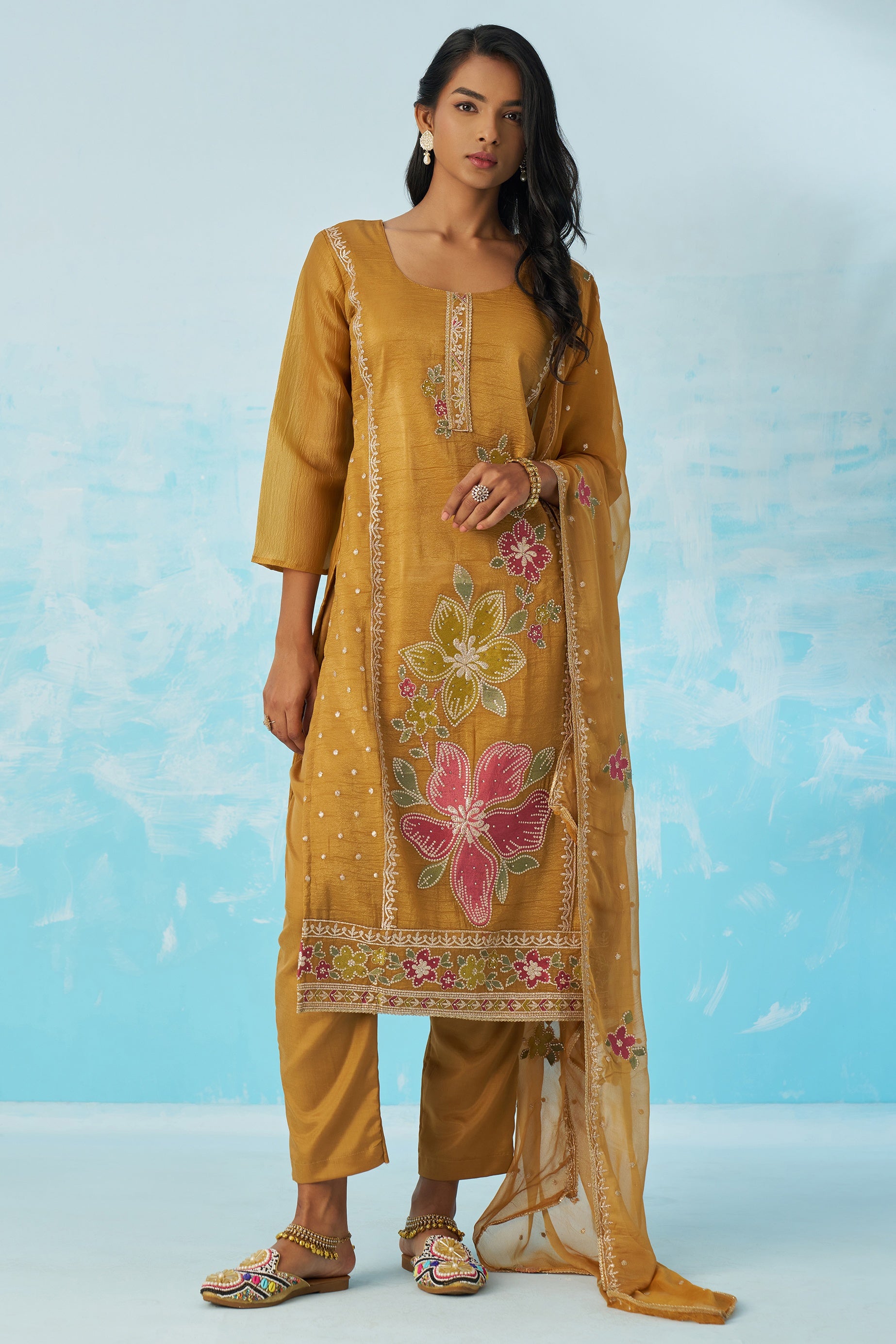 Mustard Crush Fabric Kameez With Pant For Indian & Pakistani Wedding Festival - Thread & Sequence Embroidery