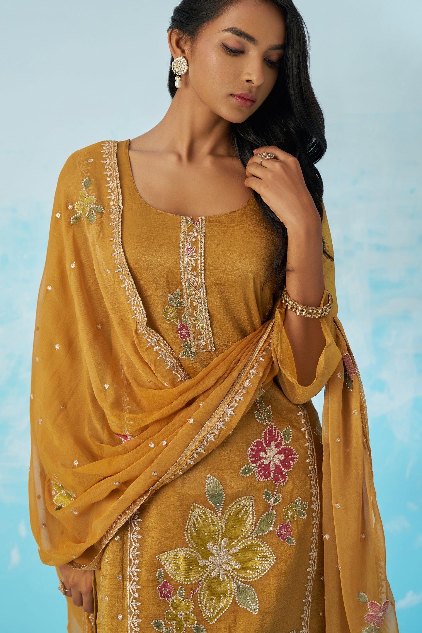 Mustard Crush Fabric Kameez With Pant For Indian & Pakistani Wedding Festival - Thread & Sequence Embroidery