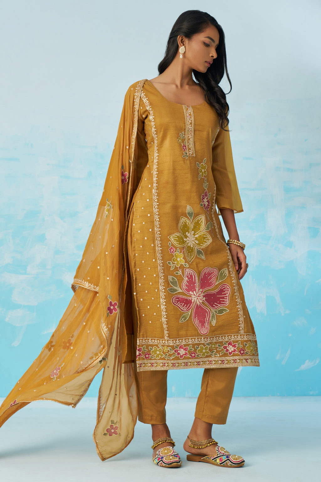 Mustard Crush Fabric Kameez With Pant For Indian & Pakistani Wedding Festival - Thread & Sequence Embroidery