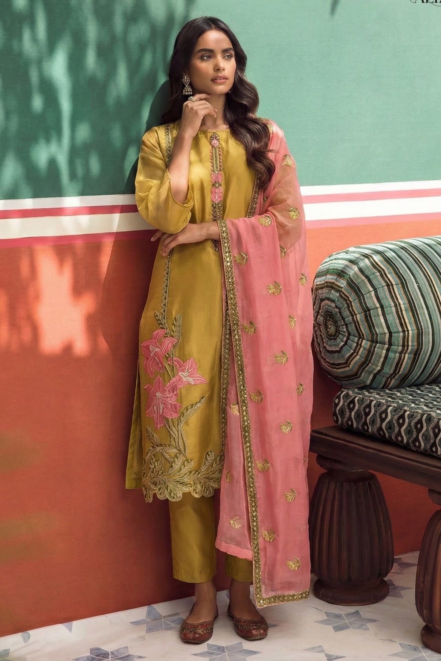 Mustard Fancy Zari Fabric Kameez With Pant For Indian & Pakistani Wedding Festival - Embroidery Work