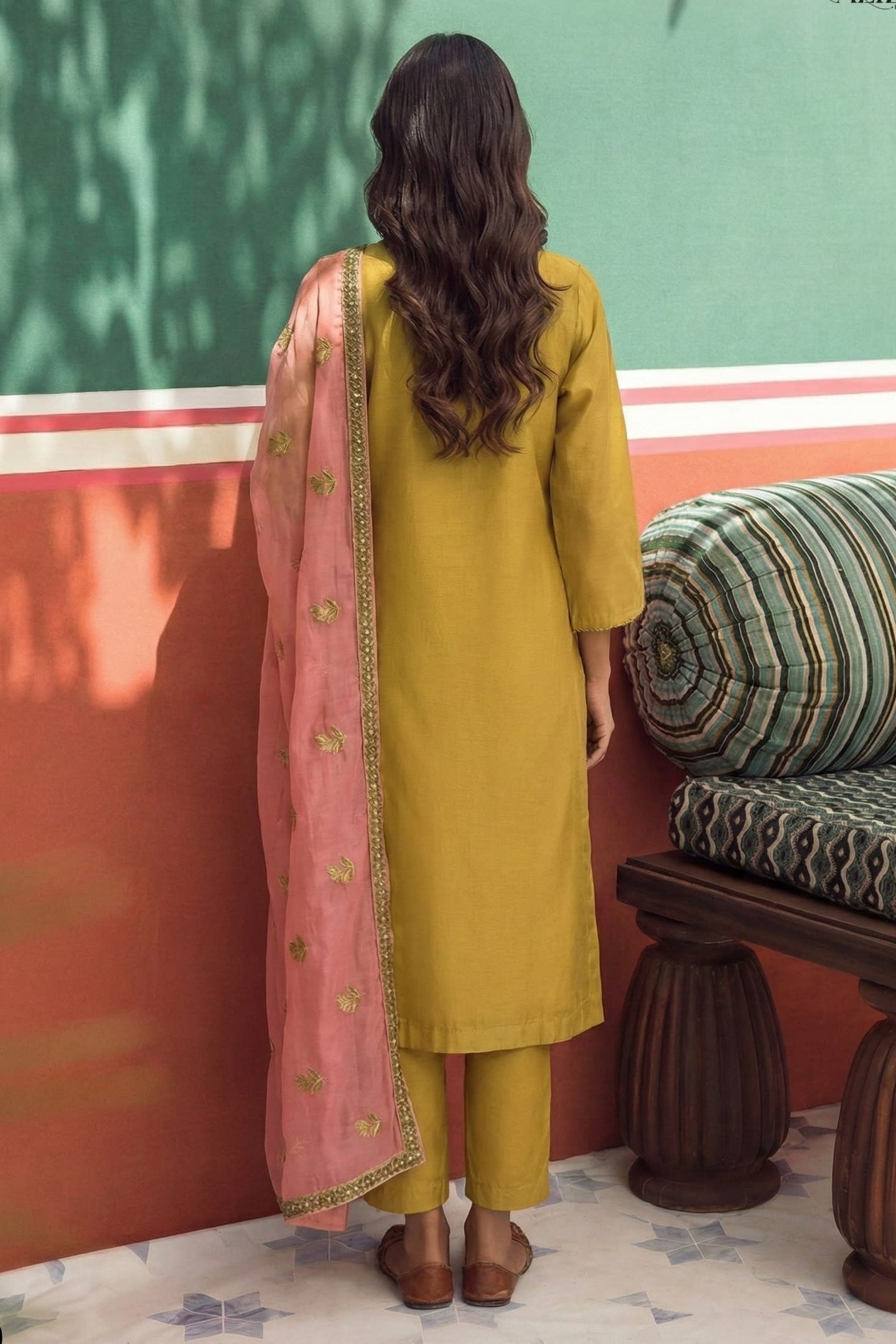 Mustard Fancy Zari Fabric Kameez With Pant For Indian & Pakistani Wedding Festival - Embroidery Work