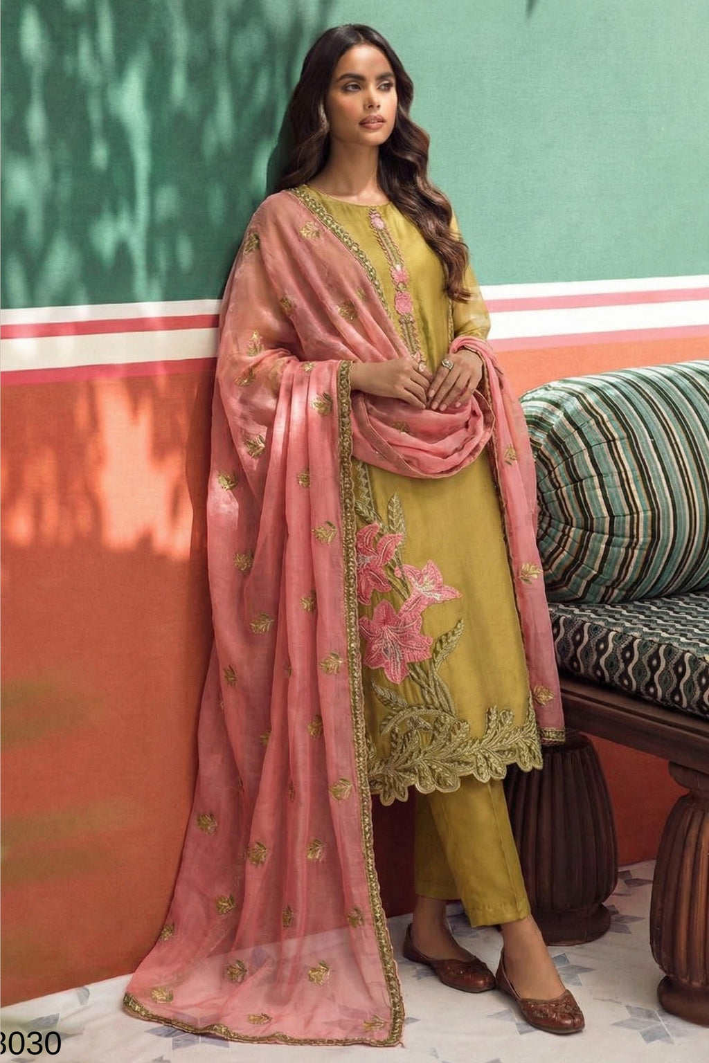 Mustard Fancy Zari Fabric Kameez With Pant For Indian & Pakistani Wedding Festival - Embroidery Work