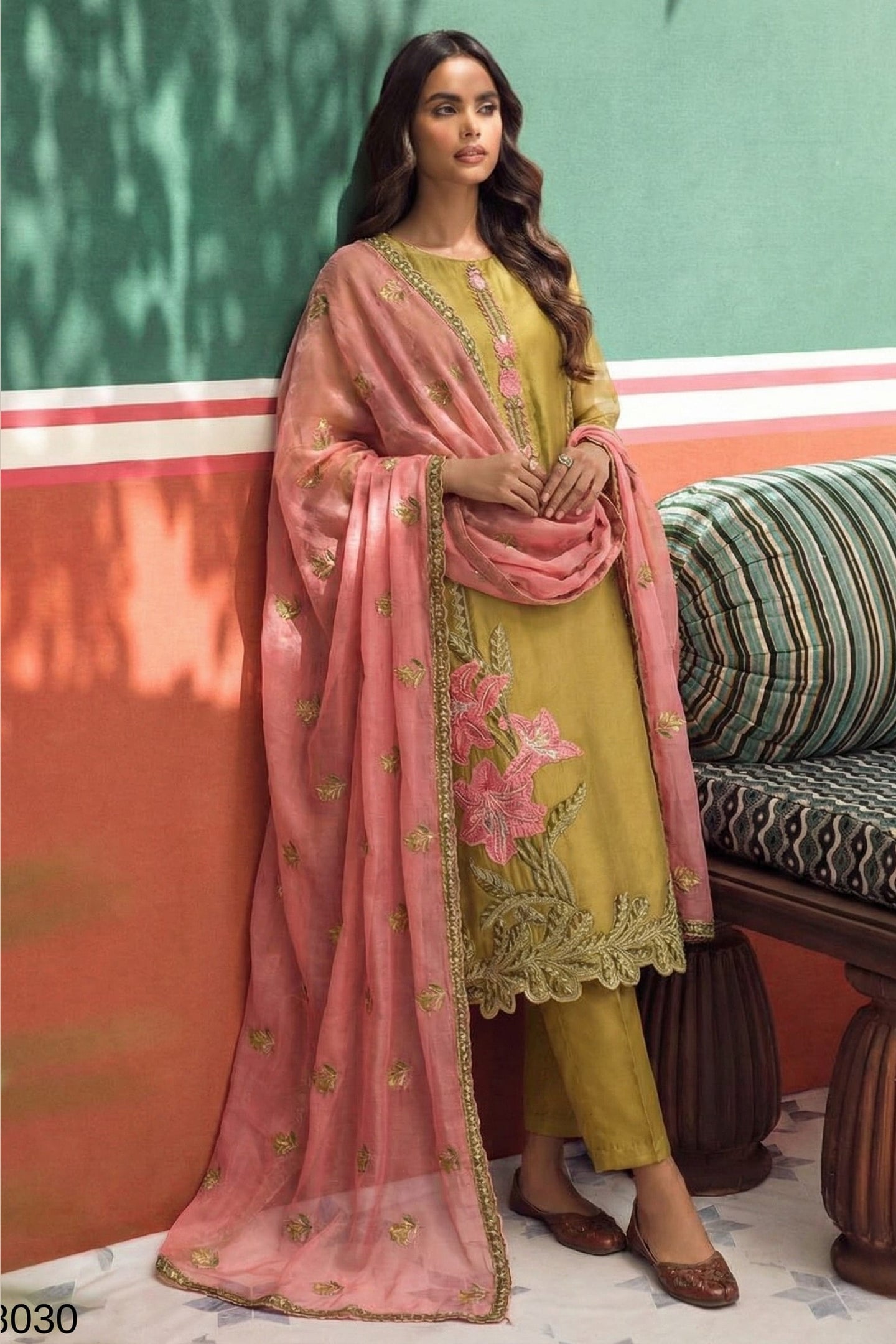 Mustard Fancy Zari Fabric Kameez With Pant For Indian & Pakistani Wedding Festival - Embroidery Work