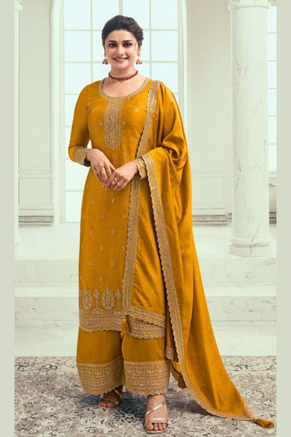 Mustard Georgette Silk Salwar Kameez Suit For Indian Festivals & Pakistani Weddings Dress - Thread Embroidery Work