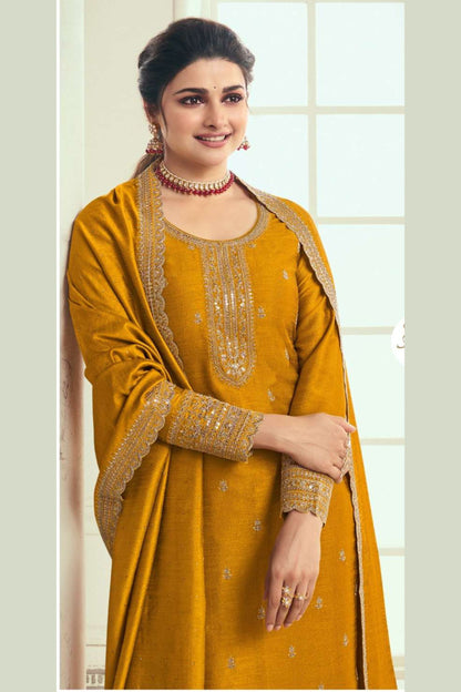 Mustard Georgette Silk Salwar Kameez Suit For Indian Festivals & Pakistani Weddings Dress - Thread Embroidery Work