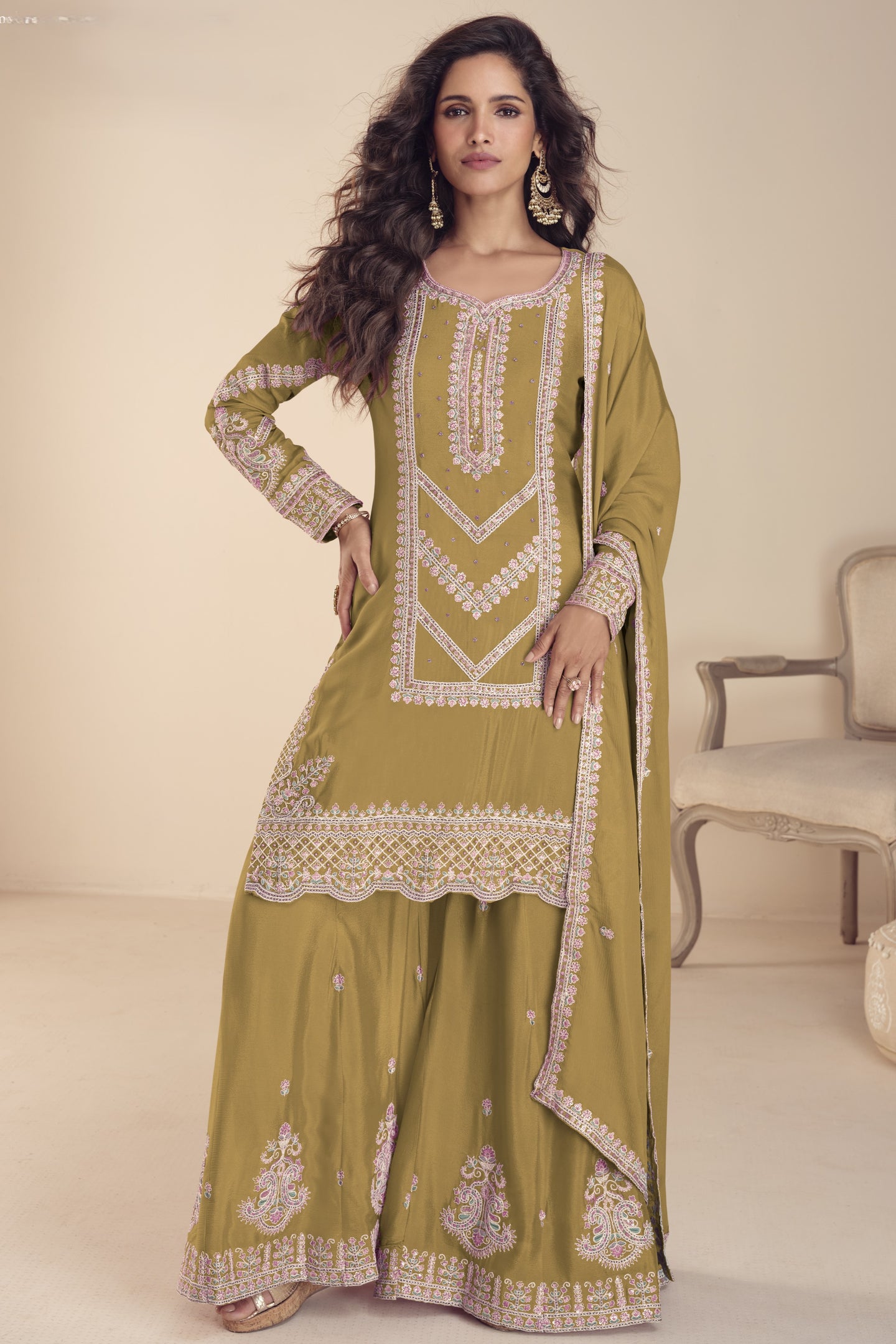 Indian Wedding Dresses Dark Mustard Chinon Silk Palazzo Suit with Moti Thread Embroidery